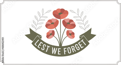 Lest We Forget Remembrance Day Poppies, Olive Branch, Banner Illustration, Symbolic Memorial Day