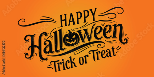A halloween themed graphic with happy halloween and trick or treat text on an orange background
