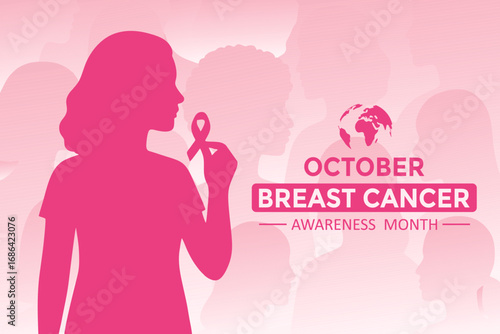 Breast cancer awareness month illustration with women silhouette in the background. Vector Illustration