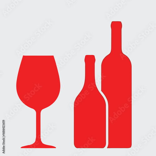 Vector art of red wine glass and two bottles on a light background