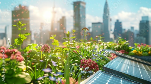 Rooftop Garden with Solar Panels in Cityscape