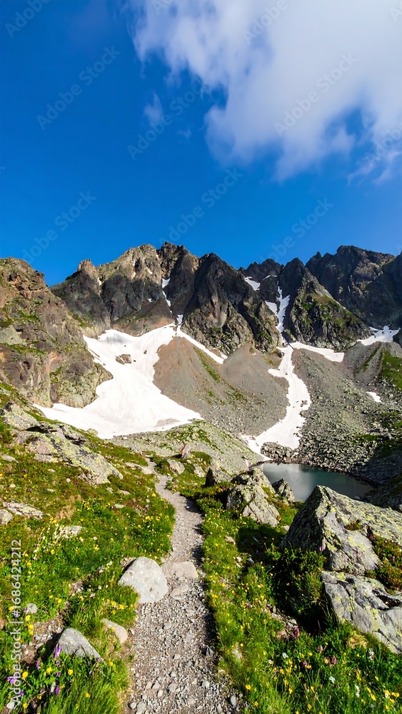 Fototapeta premium Mountain trail leads to alpine lake