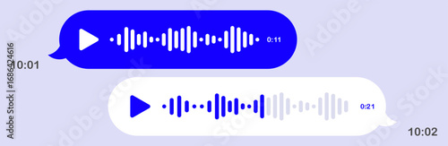 Messaging icon. Voice messages in chat interface, light theme, sound waveforms, play controls, conversation screen, digital reply, mobile UI, clean layout, timestamp, user dialog.