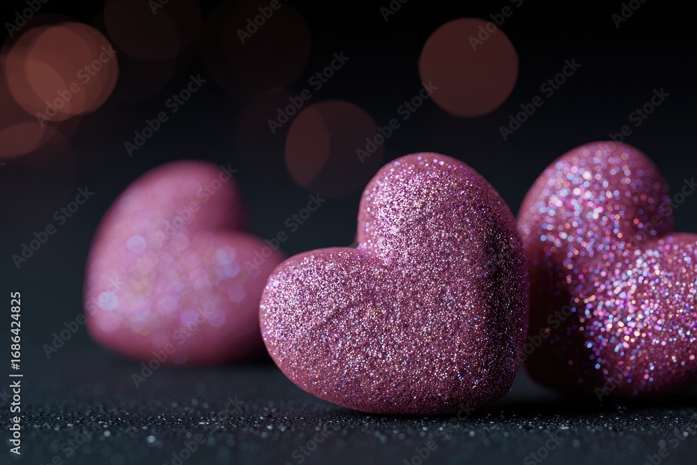 Obraz premium Three pink glitter hearts on a dark background, bokeh