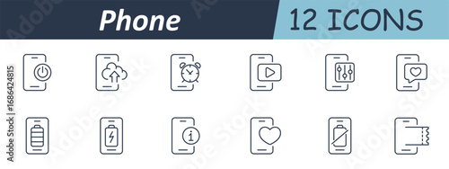 Phone utility set icon. Smartphones with interface elements for power, upload, alarm, video, sliders, message, battery, info, heart, scan, coupon, and settings