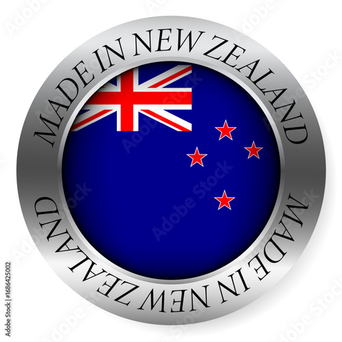 Made in New Zealand button icon. Circular emblem with metallic border, glossy central flag, and bilingual label indicating product origin and international manufacturing identity.