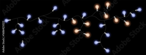Party lights set icon. Twisted electric string with glowing bulbs in soft yellow and blue tones. Used for celebration decor, events, and cozy mood visuals.