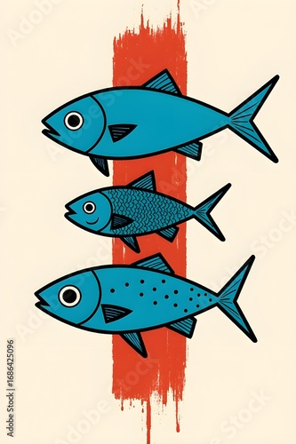 A minimalistic illustration of three stylized fish stacked vertically