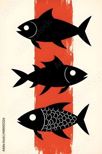A minimalistic illustration of three stylized fish stacked vertically