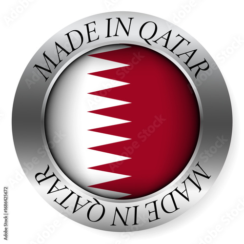 Made in Qatar button icon. Circular emblem with metallic border, glossy central flag, and bilingual label indicating product origin and international manufacturing identity.
