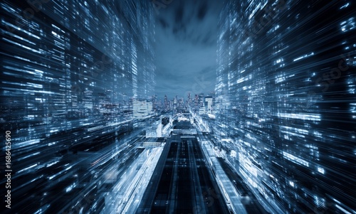 Abstract City Skyline with Blue Light Speed Effect