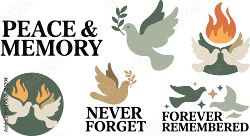 Peace and Remembrance Illustrated Doves with Olive Branches, Flames, and Memorial Inscriptions Collection