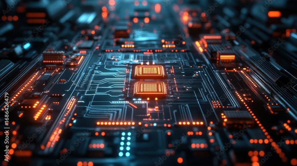 Obraz premium Advanced Technology Circuit Board with Luminous Data Pathways and Microchips