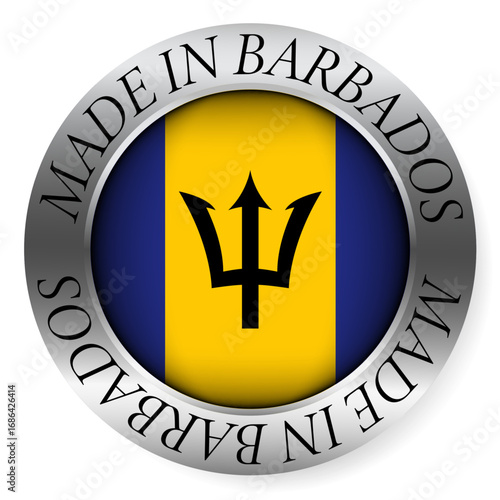 Made in Barbados button icon. Circular emblem with metallic border, glossy central flag, and bilingual label indicating product origin and international manufacturing identity.