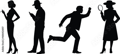 Detective silhouette vector set with man running, woman smoking, person using phone, female investigator with magnifying glass, mystery crime illustration design