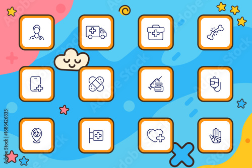 Medical care set icon. Outlined icons depicting healthcare items including ambulance, doctor, syringe, bandage, first aid, bone injury, IV bag, and hospital location in square orange borders.