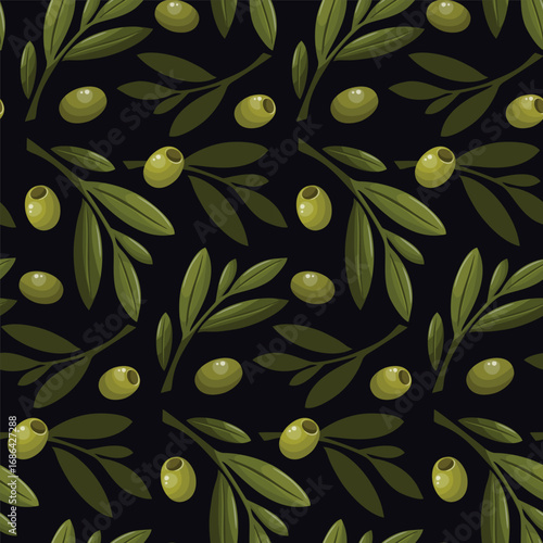 Seamless pattern background. Green olive branch with leaves black background. Italian and Greek cuisine element.