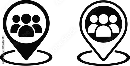 Group location icon, people pin symbol, community marker illustration, business team location vector, social connection design, corporate networking concept, teamwork map pointer graphic