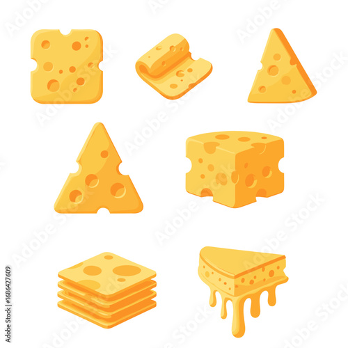 Cartoon cheese vector illustration set, swiss cheese, cheddar cheese, cheese slices, cheese cubes design 96