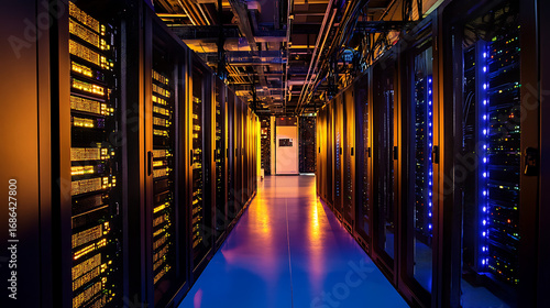 Wallpaper Mural A long hallway with blue lights on the ceiling. The lights are purple Torontodigital.ca