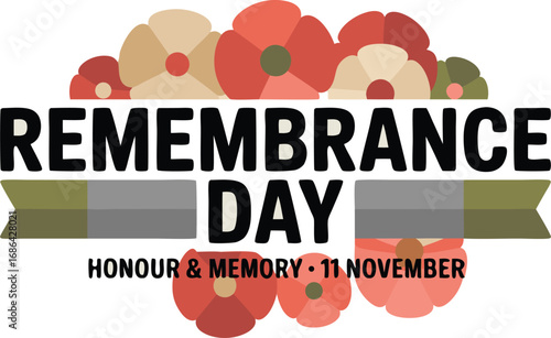 Remembrance Day Banner with Poppies, Ribbons, and the Date November 11th Illustration
