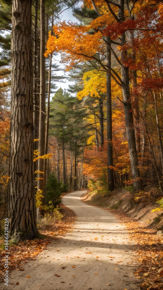 Naklejka premium A winding dirt path through a forest ablaze with vibrant autumn foliage and tall pine trees