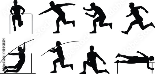 Silhouette vector illustration of athletes performing track and field sports, running, pole vault, hurdles, jumping, sprinting, athletics competition, fitness, training, Olympic sports design