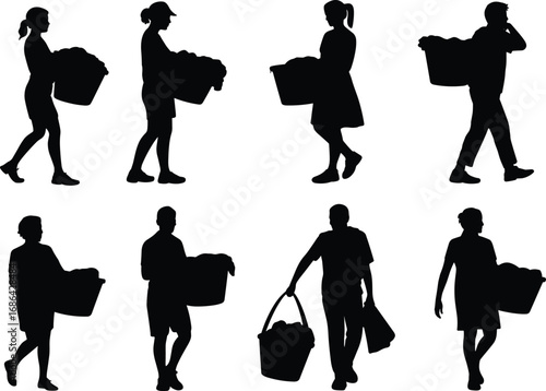 Silhouette vector illustration of men and women carrying laundry baskets, household chores, daily life activities, cleaning, washing clothes, domestic lifestyle design