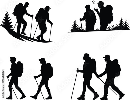 Silhouette vector of hikers with backpacks walking in nature, trekking outdoor adventure, mountain climbing, hiking couple illustration, travel, camping, wilderness exploration design