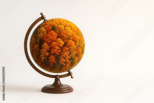Globe filled with autumn forest on white background with soft lighting and empty space for text creative concept for education travel and ecology