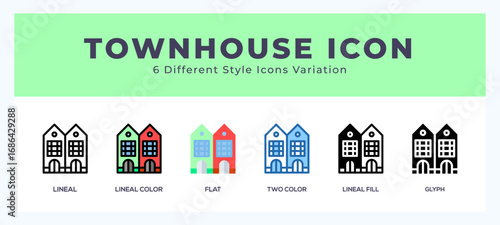 Townhouse icon set with different styles. Design elements for logo. Vector illustration.