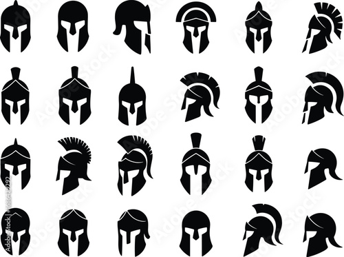 Spartan helmet silhouette collection, ancient warrior headgear, Greek soldier armor design, gladiator battle mask illustration, medieval military protection, heroic fighter vector icons set