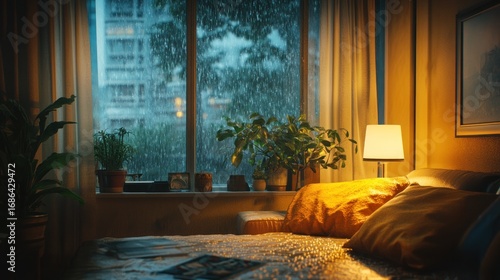 Cozy Bedroom with Warm Light and Heavy Rain Outside Window