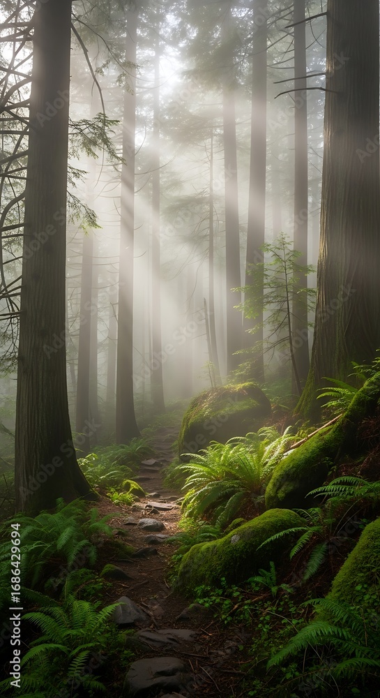Fototapeta premium Sunlight Filtering Through Misty Forest Path.
