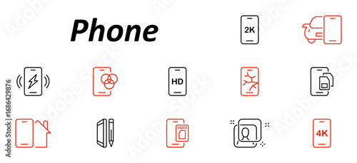 Phone set icon. Smartphones shown with HD, 2K, 4K displays, cracks, icons for data, apps, vibration, and car compatibility using clean red and black outline graphic style