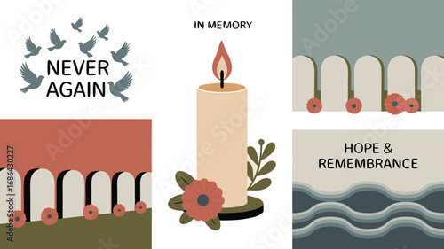 Remembrance Day Design with Poppies, Candles, Doves, Tombstones, and the Text Hope Remembrance
