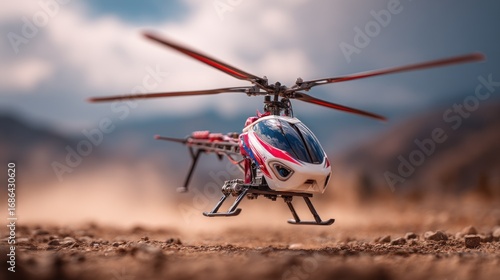 Dynamic close-up shot of a toy helicopter taking off in a rugged environment