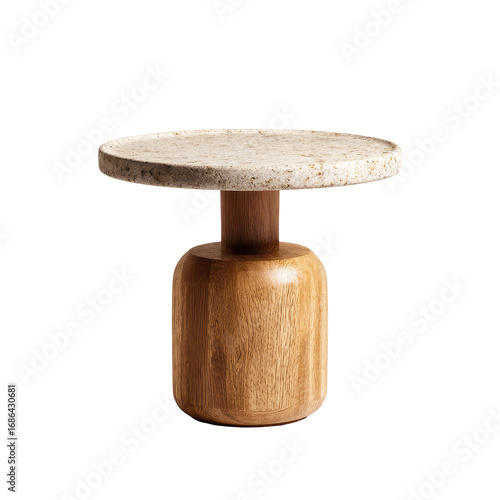Small, round, light beige marble tabletop with a wooden pedestal base