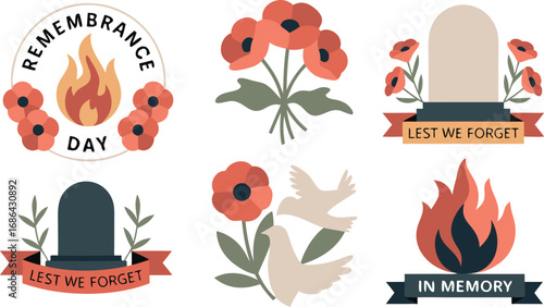 Remembrance Day Elements Poppies, Flames, Tombstones, Doves, with Lest We Forget and In Memory Banners