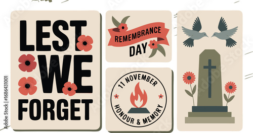 Remembrance Day Elements Poppies, Lest We Forget Text, Dove, Gravestone, Flame and Honour Memory Message