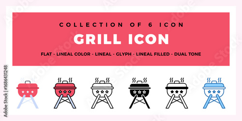 Collection of 6 Grill Icons BBQ. Cooking. Summertime