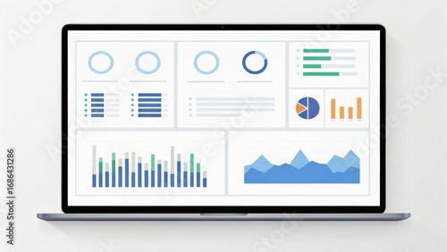 A laptop displaying various colorful data visualizations and graphs on its screen, representing analytics and insights.