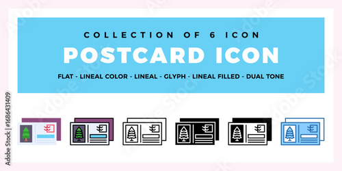 Collection of 6 Postcard Icons Flat. Lineal. Glyph. and Dual Tone Styles