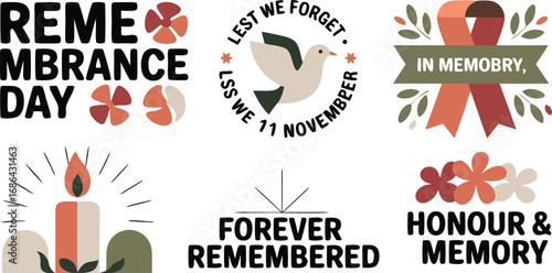 Remembrance Day Featuring Poppies, Dove, Ribbon, Candle, and Text Designs for Honor and Memory