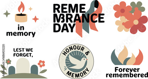 Remembrance Day Graphics Candle, Ribbons, Flowers, Dove, Tombstones, and Respectful Messages for Memorial Celebrations