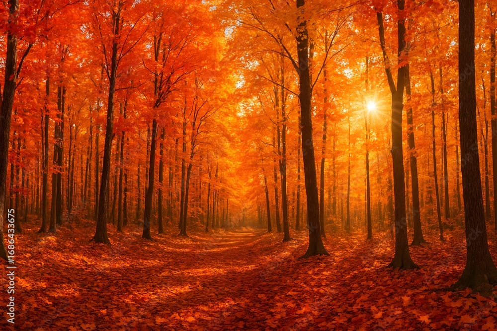Fototapeta premium Sunlight streams through a dense forest canopy, illuminating a path lined with trees showcasing fiery autumn colors
