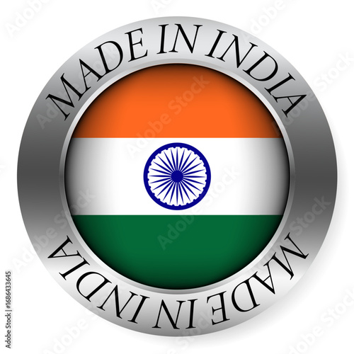 Made in India button icon. Circular emblem with metallic border, glossy central flag, and bilingual label indicating product origin and international manufacturing identity.
