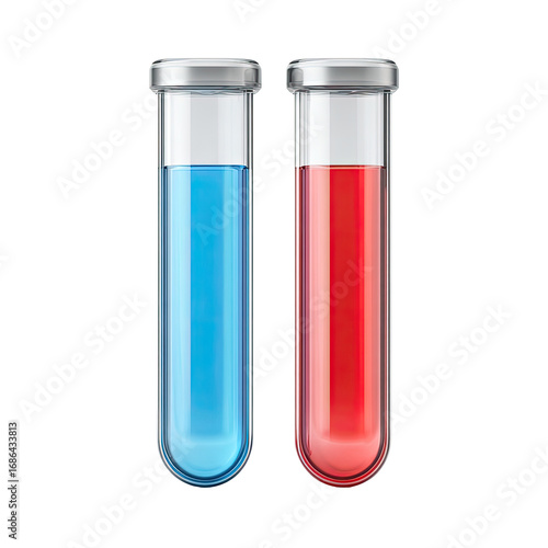 Two test tubes, one with blue liquid, the other with red liquid, stand vertically