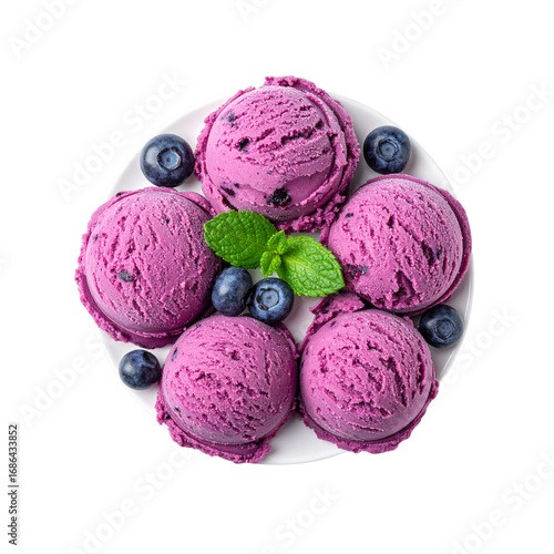 plate of blueberry ice cream scoops isolated on transparent background, top view 