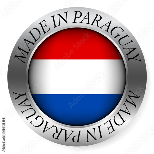 Made in Paraguay button icon. Circular emblem with metallic border, glossy central flag, and bilingual label indicating product origin and international manufacturing identity.